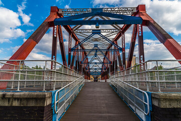 A view across the Detroit Bridge in Salford Quays,  Manchester,UK in summertime