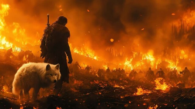 Warrior  white wolf stand amid fiery battlefield castle in distance