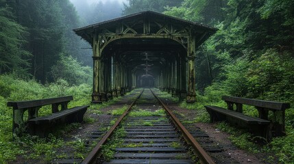 Obraz premium Misty forest railway tunnel