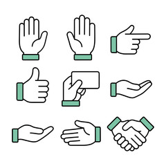 Obraz premium Flat icon set of various hand gestures in modern outline style. Includes open palm, pointing finger, thumbs up, holding card, handshake, and different offering poses. Colored cuffs add visual clarity