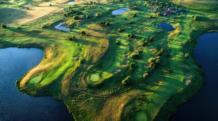 Stunning Aerial Panorama of Summer Golf Links with Lush Greens and Tranquil Lakes