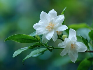 Fototapeta premium Elegant Jasmine Blossoms: A Closeup of Blooming White Flowers Against a Green Spring Background