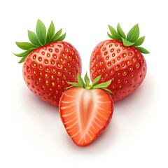 Fresh Ripe Strawberries With Green Leaves And Half Cut Juicy Fruit Healthy Organic Berry Rich In Vitamins Sweet Dessert And Natural Snack

