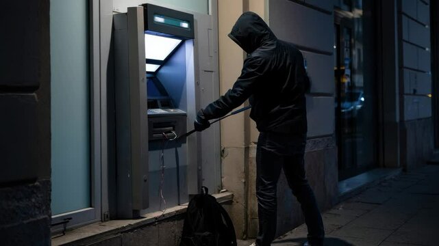 A person wearing a hoodie approaches an ATM in a dimly lit urban area at night. The situation appears suspicious as the individual seems to be engaging in unusual behavior with the machine