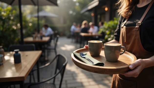 Professional waitress in apron holding wooden tray with cup of cappuccino coffee, serving customer at outdoor terrace on sunny summer day. Woman working in cafe. Perfect morning. - Powered by Adobe