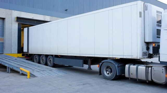 A large white trailer truck is positioned at a warehouse loading dock where goods are being unloaded. The ramp allows for easy access to the cargo area