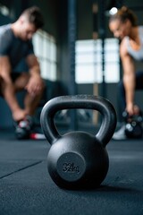 Fototapeta premium Black kettlebell on gym floor, strong male athlete training in background. Concept for bodybuilding, weight lifting, fitness, strength training, building muscle and achievement and goals, dedication.