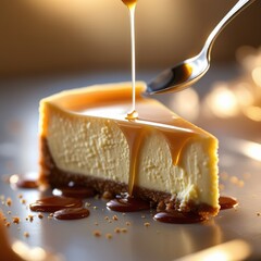A slice of creamy cheesecake in warm  golden light 