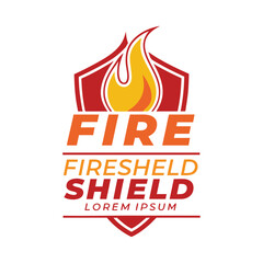 Fire Shield Logo with Flame and Text on White Background