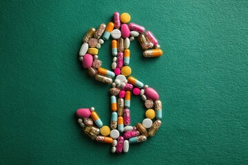 Colorful Capsule and Pill Dollar Symbol on Green: Expense of Medication and Healthcare Costs