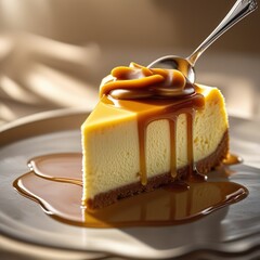 A slice of creamy cheesecake in warm  golden light 