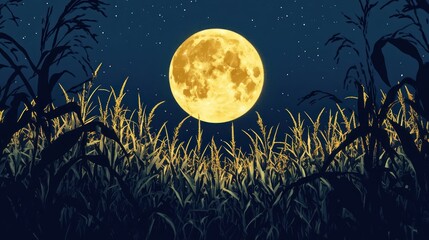 Fototapeta premium A large, yellow full moon illuminates a field of tall corn stalks silhouetted against the night sky, speckled with faint stars