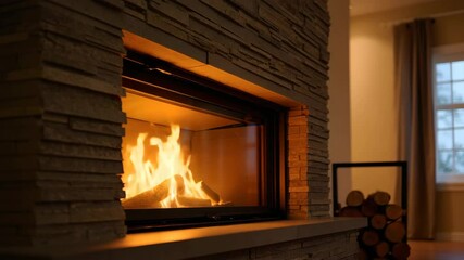 A beautifully designed fireplace crackles softly, casting a warm glow in a stylish living room. The flames dance while logs burn, creating a perfect atmosphere for evening relaxation