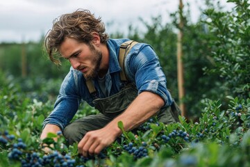 Fototapeta premium Dedicated Male Farmer Collecting Blueberries on an Organic Farm - Modern Agricultural Business in Action