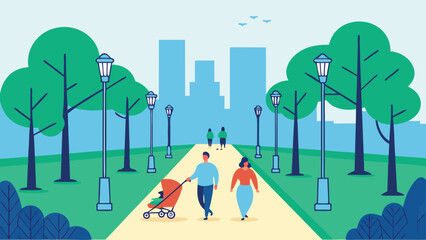 Flat illustration of a city park with people walking and a stroller