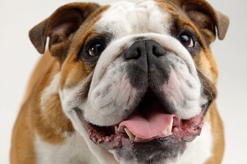 Obraz premium Joyful English Bulldog Portrait. Happy Purebred Canine Smiling with Open Mouth in Studio Shot on White Background