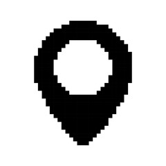 Location Pin templates in pixel art style. Black solid map pointer icon with base. GPS, navigation, labels. Isolated on white background.