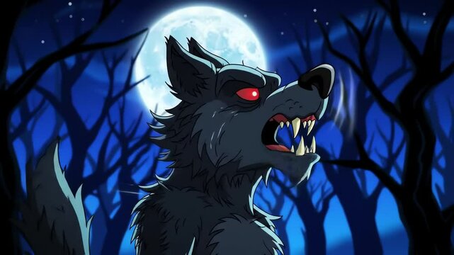 A cartoon werewolf roars under a full moon amidst a spooky forest scene