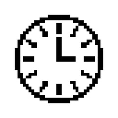 Clock templates in pixel art style. Black timepiece silhouette. Time, deadline, labels. Isolated on white background.