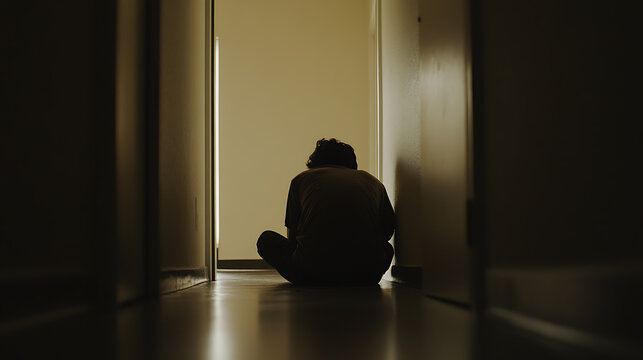 Person sitting alone in a dimly lit corridor with a muted palette, creating a scene of quiet introspection and solitude.