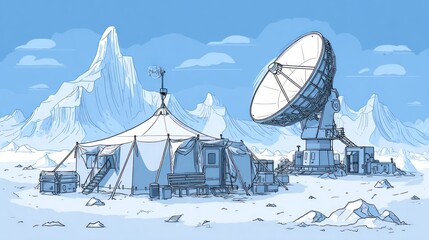 Snowy landscape with research outpost and radio telescope