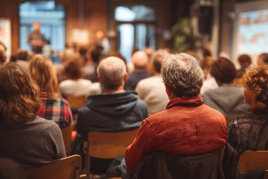 Engaged Audience at Neighborhood Meeting: Community Group Discussing Local Issues in City Hall Event