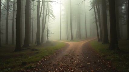 Misty forest with diverging paths and atmospheric lighting