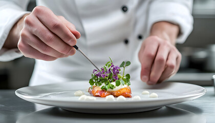 Master chef cook man hands precisely cooking dressing preparing tasty fresh delicious mouthwatering gourmet dish food on plate