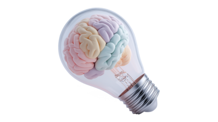 Pastel Colored Brain Inside Bulb – 3D Smart Idea Symbol on White

