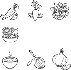 Black-and-White Vector Illustration of Vegetable & Bowl Silhouette Set – 6-Item Healthy Food Scene