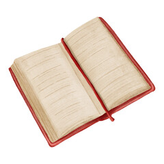 An open book with a red cover lies flat, revealing its blank pages. Hand-painted in a delicate watercolor style, ideal for reading, learning, or literary-themed designs