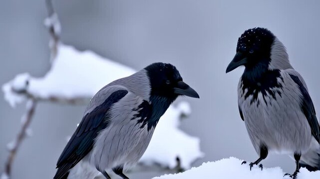 Two Crows in Winter Snow, Close-up, Peaceful Moment