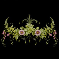 Delicate floral embroidery design featuring intricate details and vibrant colors on a black background Generative AI