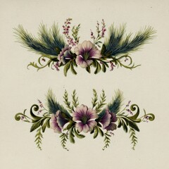 Floral design featuring delicate flowers and greenery arranged symmetrically on a vintage background Generative AI