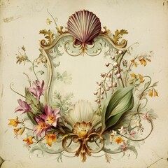 Elegant floral design with seashell and ornate detailing featuring lilies, orchids, and leaves Generative AI