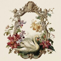 Elegant swan surrounded by vibrant flowers in a decorative frame with intricate designs Generative AI
