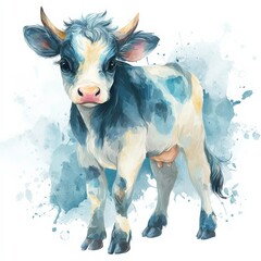 Young calf stands calmly with blue splashes in the background, showcasing its playful nature in a colorful artistic form Generative AI