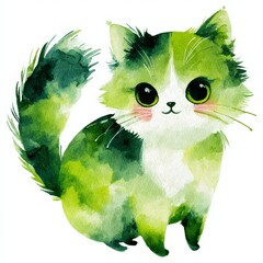 Cute green watercolor cat illustration with big eyes and fluffy fur features in whimsical design Generative AI