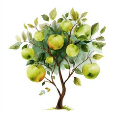 Green apple tree with ripe fruit surrounded by vibrant leaves in a sunny garden setting during the summer season Generative AI