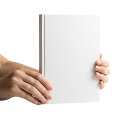 Hand holding a blank white hard cover book on Isolated transparent background png. generated with AI