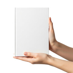 Hand holding a blank white hard cover book on Isolated transparent background png. generated with AI