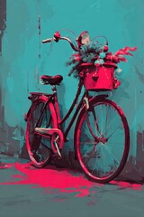 Colorful vintage bicycle with a basket full of plants against a vibrant wall in an urban setting Generative AI