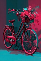 Fototapeta premium Colorful bicycle adorned with flowers and decorations placed against a vibrant backdrop in a creative setting Generative AI