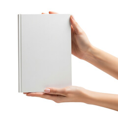 Hand holding a blank white hard cover book on Isolated transparent background png. generated with AI