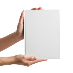 Hand holding a blank white hard cover book on Isolated transparent background png. generated with AI