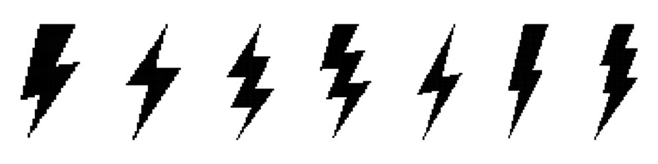 Set of Lightning templates in pixel art style. Black bolt silhouettes. Energy, power, labels. Isolated on white background.