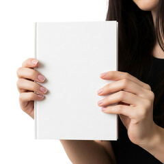 Hand holding a blank white hard cover book on Isolated transparent background png. generated with AI