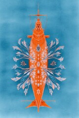 Artistic submarine design featuring floral motifs against a blue background Generative AI