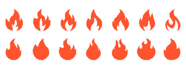 Set of Fire templates in pixel art style. Orange flame silhouettes. Heat, burn, labels. Isolated on white background