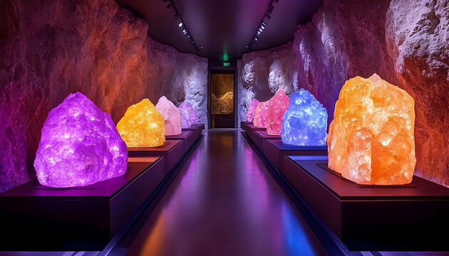 Illuminated Salt Crystal Display in a Cave-Like Setting with Exi